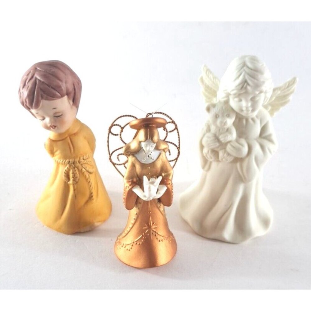 Vintage Jasco Merri Bell Angel Figure Lot Of 3 White Bisque Gold Christmas